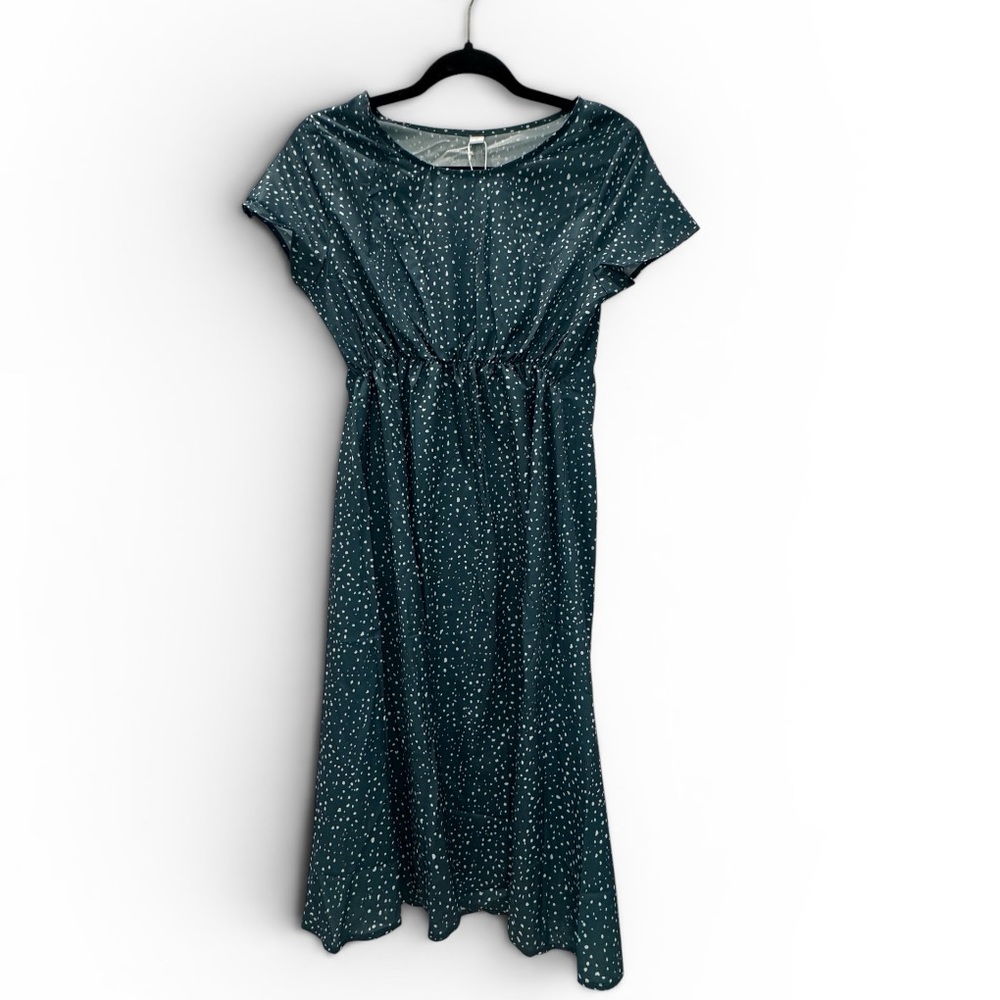 Women's Teal Polka Dot Midi Dress - Casual Elastic Waist- Small